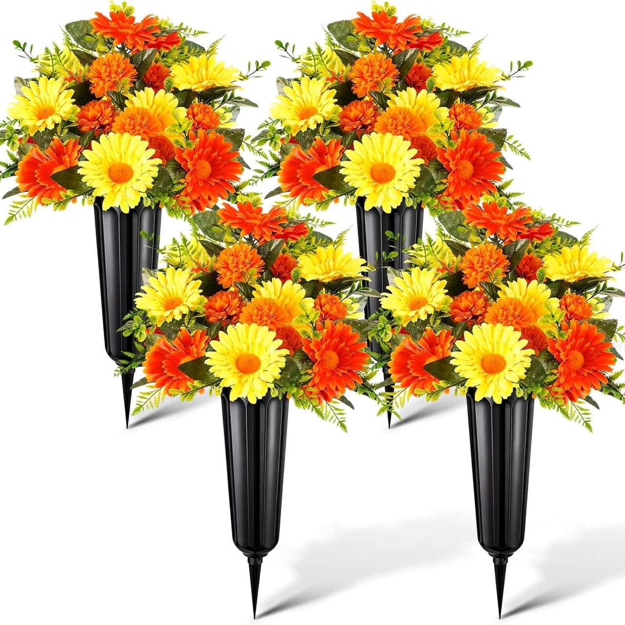 4 Sets Easter Cemetery Flowers – Artificial Mums Bouquets with Vase for Grave, Headstone & Outdoor Memorial Decorations